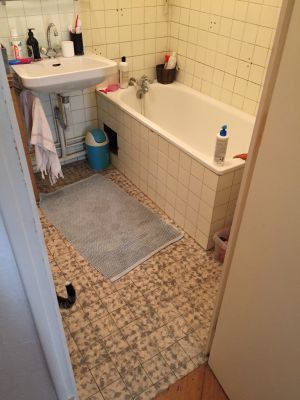Baignoire et lavabo avant la rénovation